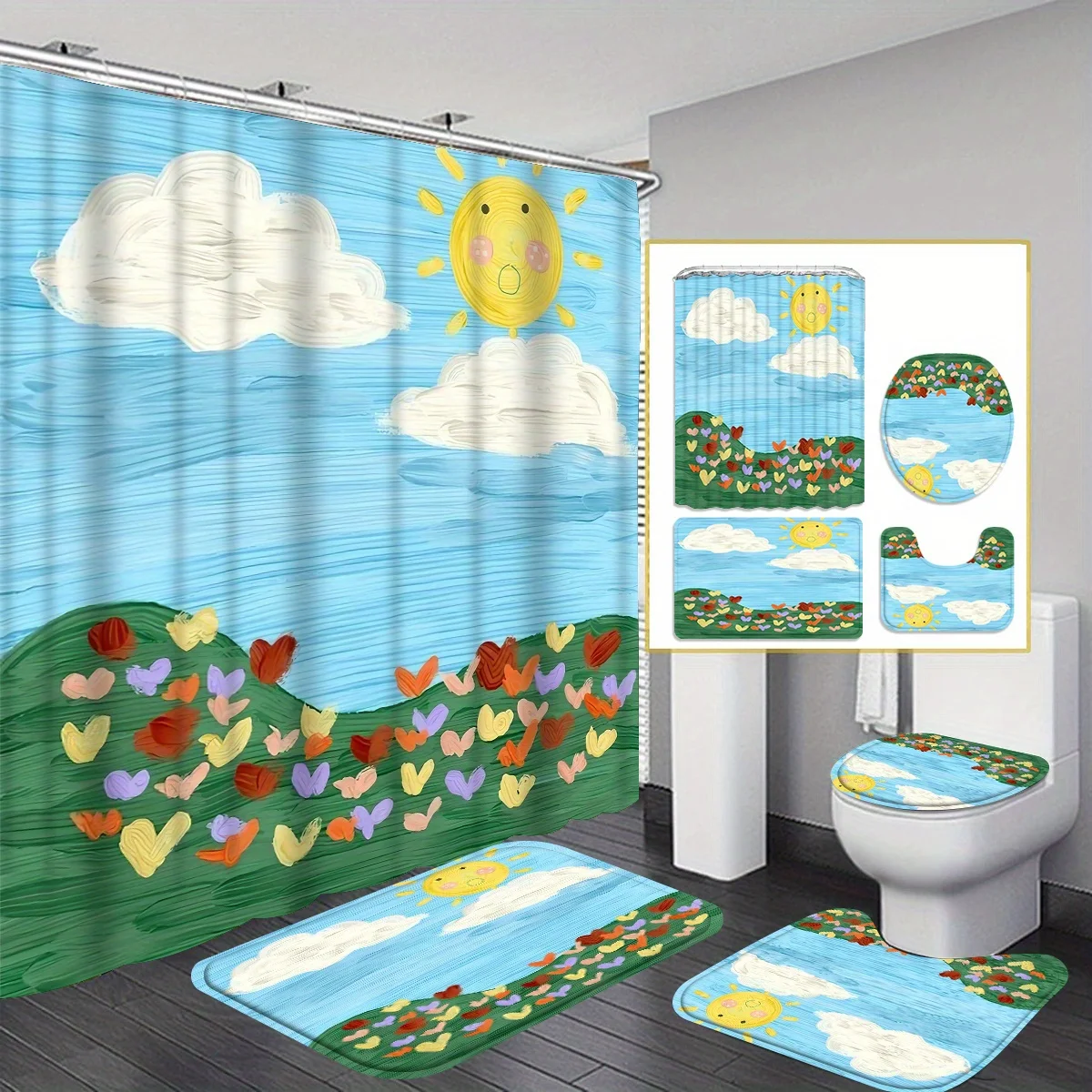 

4pcs shower curtain set with 12 hooks - shower curtain, non-slip bath mat, toilet seat cover and U-shaped rug - machine