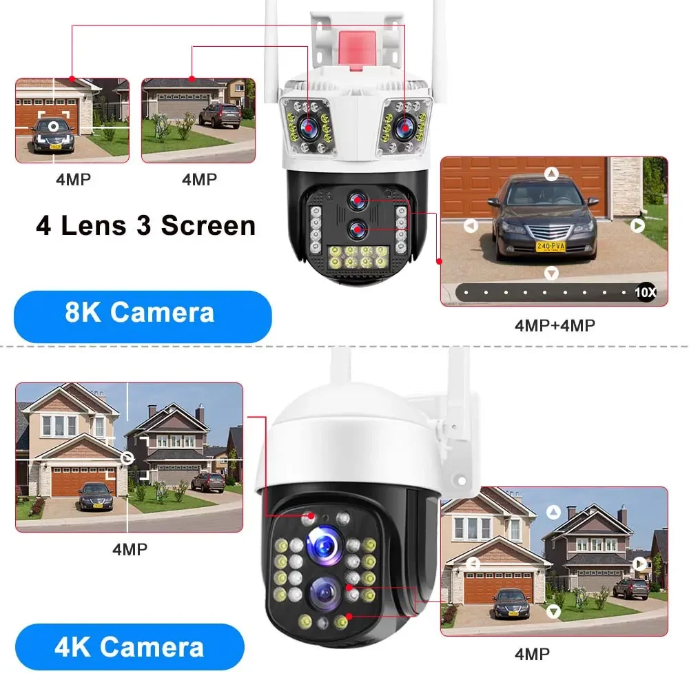 8K 16MP PTZ WiFi Camera Four Lens Three-Screen 10X Zoom Auto Tracking Outdoor Video Security Protection Waterproof Surveillance