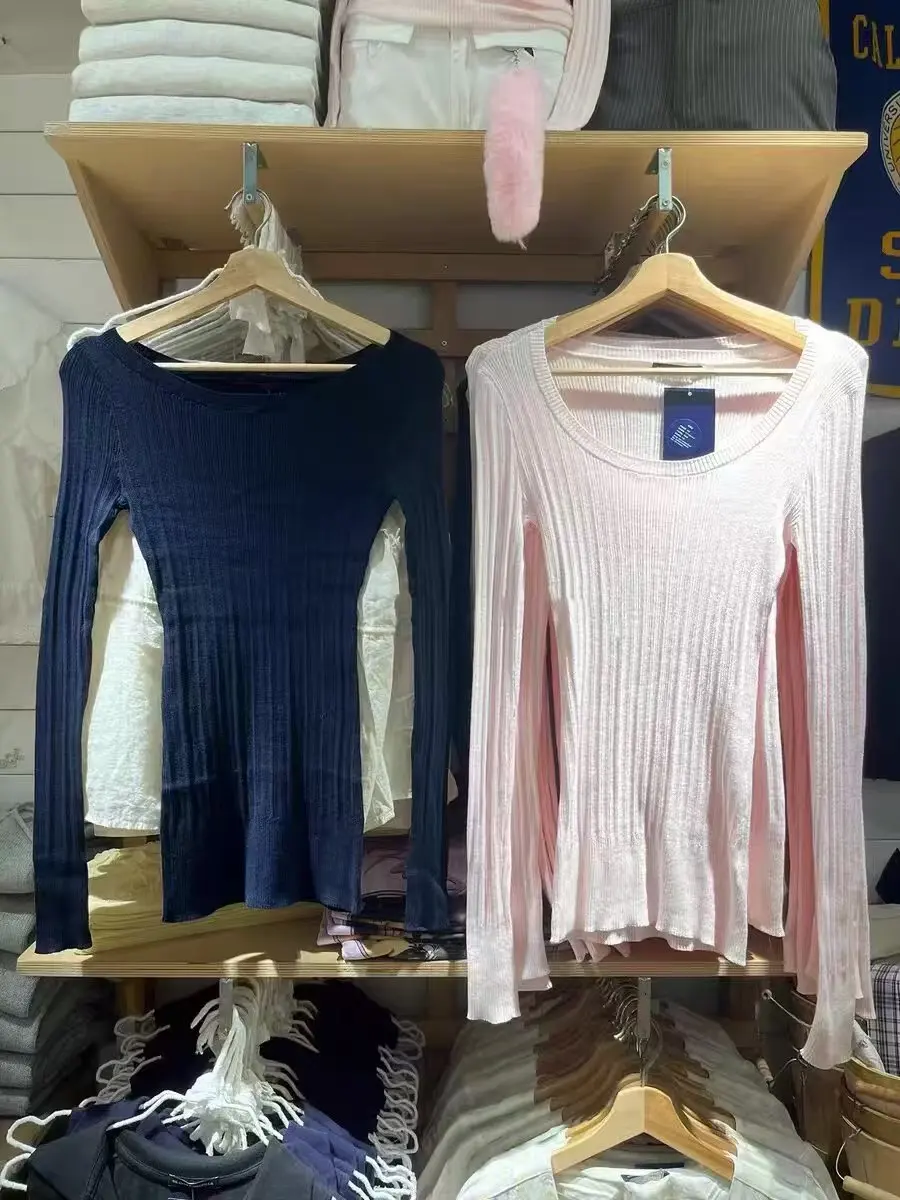 

Slim Fit Long Sve U-Ne Brandy BM American Sle Pure Color Ribbed Base irt for Girls Spring Autumn Faion Casual Cott...