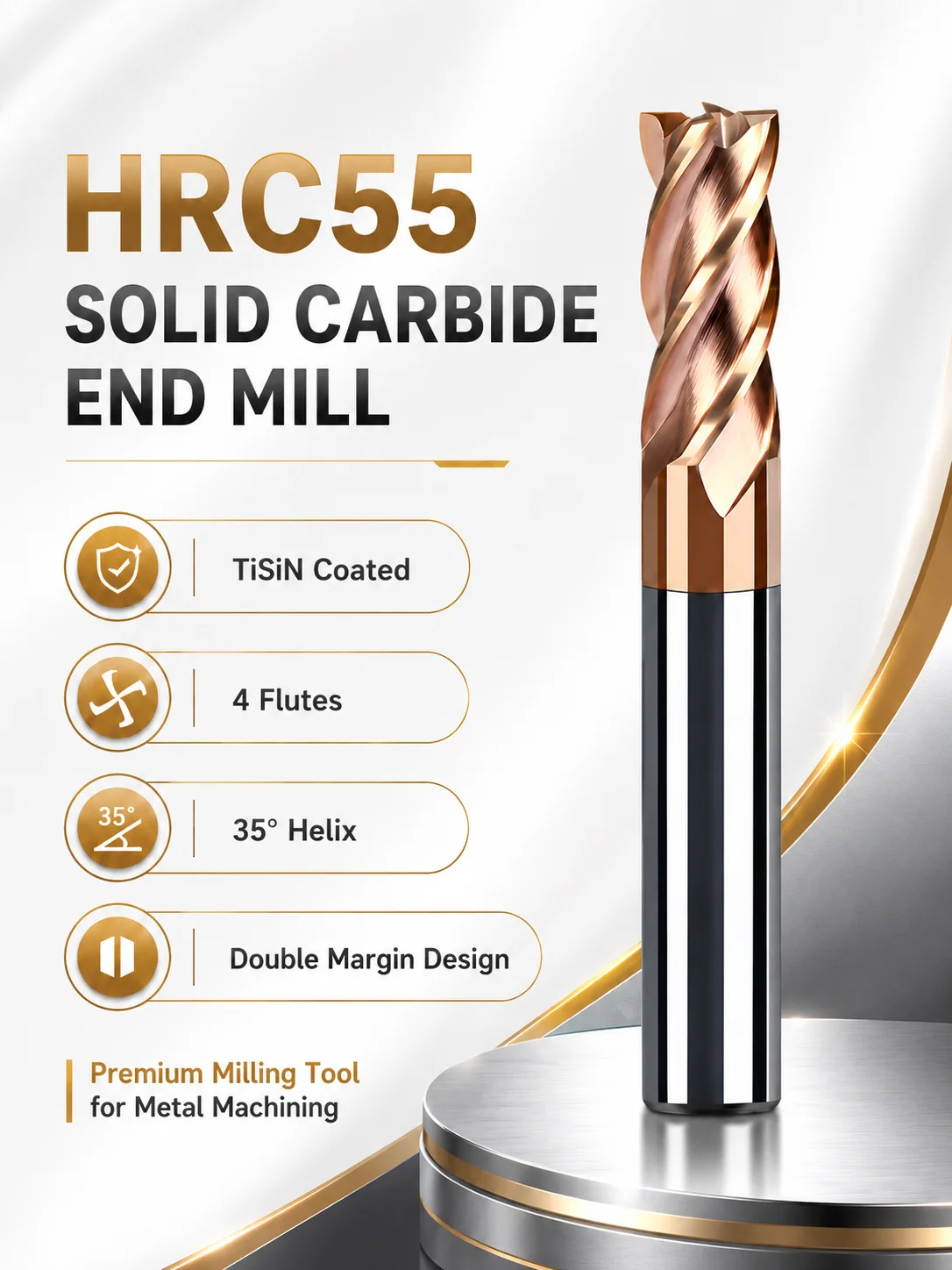 HRC55 Vollhartmetall-Schaftfräser TiSiN-beschichtete Schaftfräser 4-schneidiger CNC-Fräser 35 ° Helix-Doppelmarge für CNC-Schneidwerkzeuge aus Stahl – Detail 1