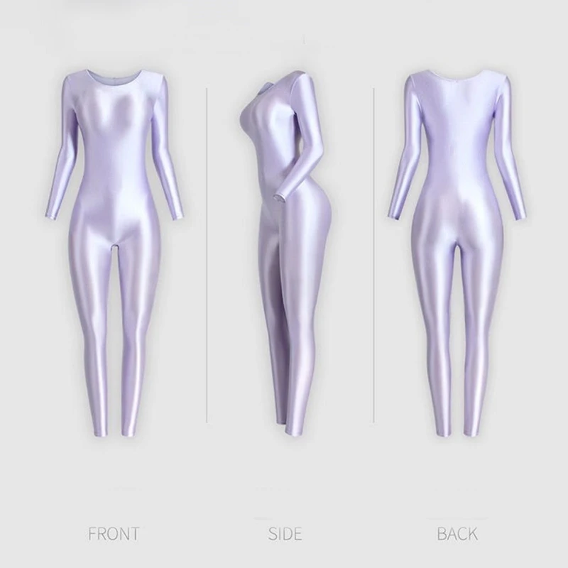 Sexy Shiny Glossy Satin Tight Jumpsuit Smooth Long Sleeve Open Crotch Leggings Running Sportswear Body Suits for Women Romper