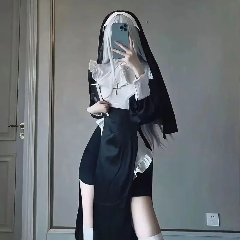 Disfraz de monja de Anime para mujer, uniforme de NUS sexy, vestido negro, disfraces diarios de Halloween