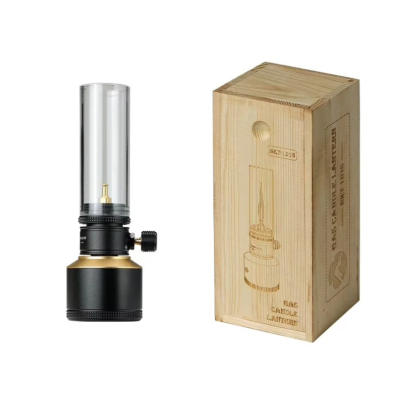 Retro Gas Candle Lantern with Wooden Box Butane Camping Lamp Aesthetic Atmosphere Light for Outdoor Glamping Picnic Gift