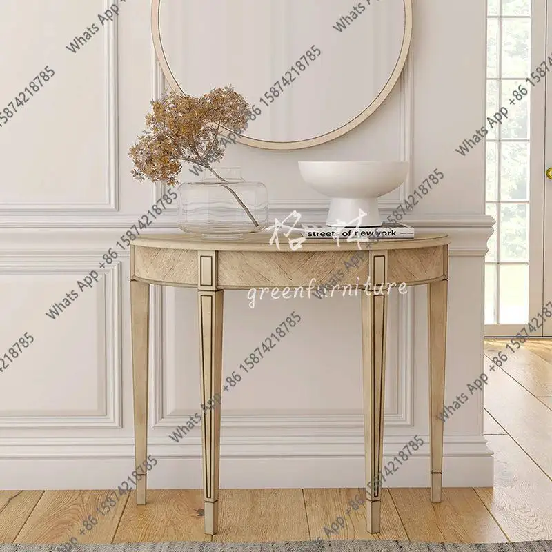 American semi-round solid wood entrance table/French retro light luxury high-end feel home entrance table against the wall