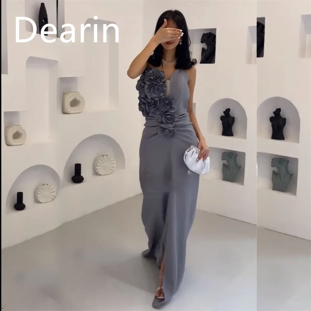 Vestido de noite personalizado dearin com decote em v coluna até o chão saias 3d rosa flor vestidos de ocasião sob medida baile arábia saudita forma