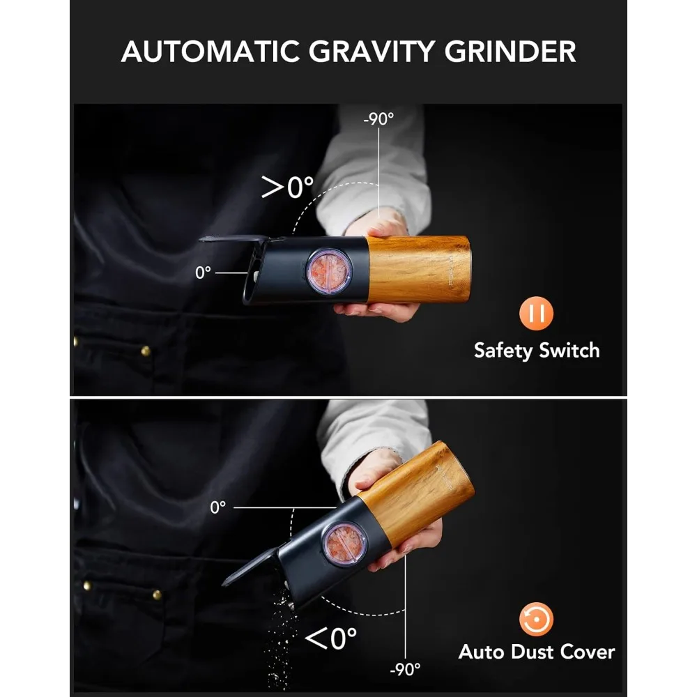 مجموعة مطحنة الملح والفلفل الكهربائية، سعة كبيرة مطورة، خشونة قابلة للتعديل مع ضوء LED (حبوب الخشب الطبيعي)