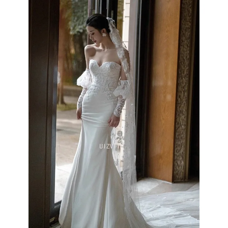 White Light Luxury Stain Appliques Wedding Dresses Elegant Strapless Off The Shoulder Bride Dress Sexy Mermaid Vestidos De Novia