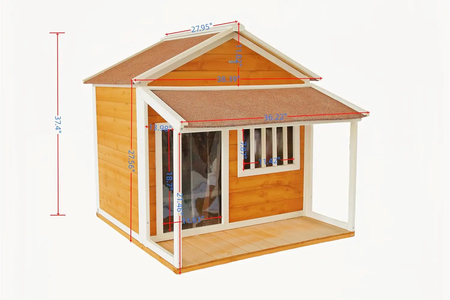 Outdoor Wooden Dog House Porch Asphalt Roof Weatherproof Pet Kennel Shelter Ventilation Window Plastic Door Flap, Customized