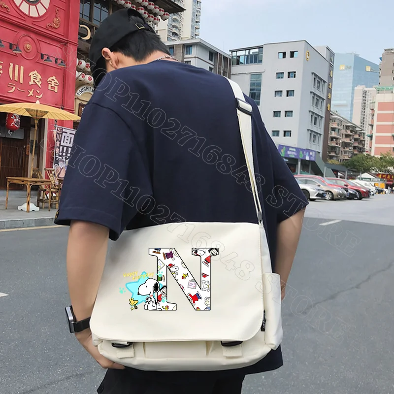 Snoopy Men Messenger Bags Fashion Women Shoulder Bag Cartoon Letter A-Z Print Portable Large Capacity Bags Birthday Party Gifts