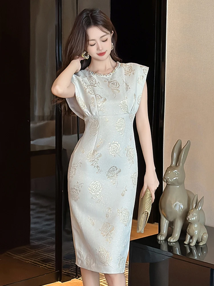 แฟชั่นฤดูร้อนทํางานสไตล์อย่างเป็นทางการชุดดินสอเสื้อผ้าผู้หญิง Elegant Rose พิมพ์ Slim Midi Party Prom Vestidos