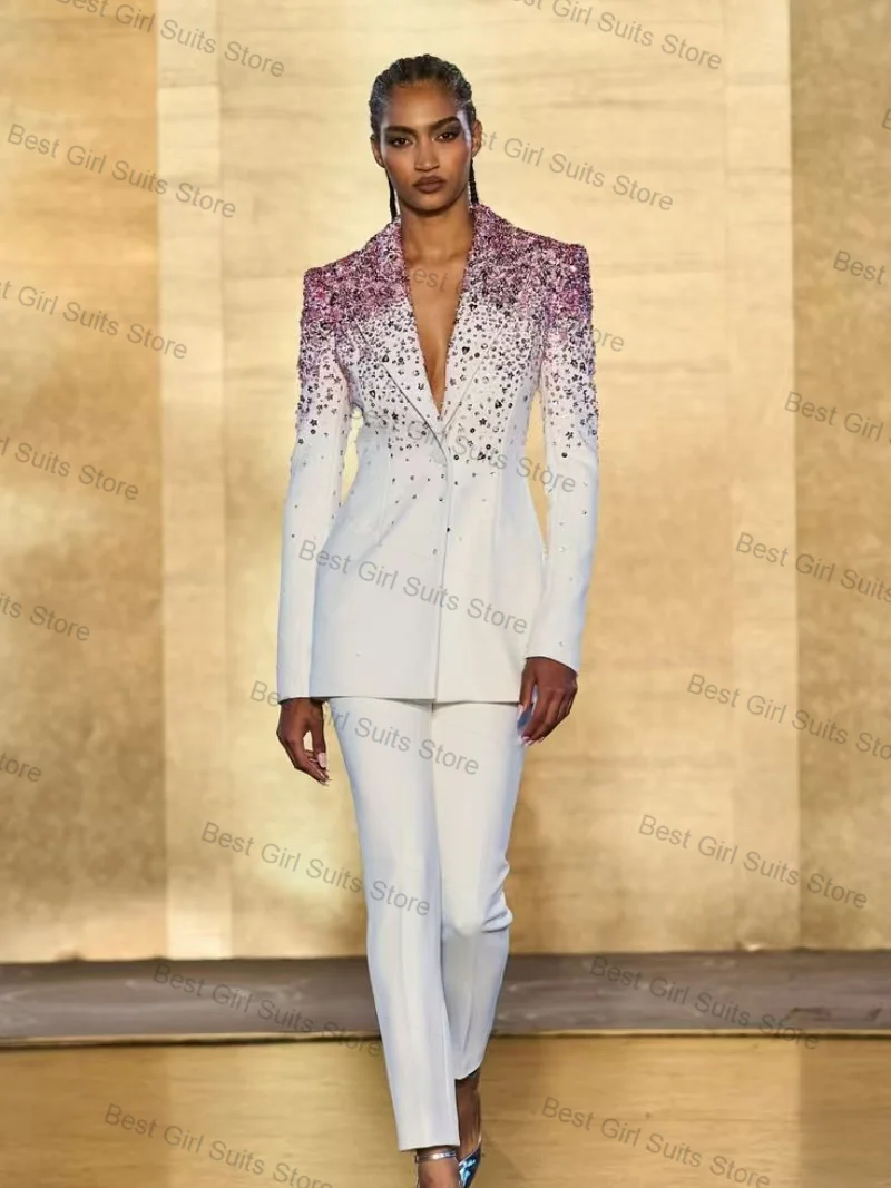 

White Women Suit Set 2 Pcs Beaded Crystals Blazer+Pants Autumn Formal Office Lady Jacket Customized Wedding Tuxedos Prom Dress