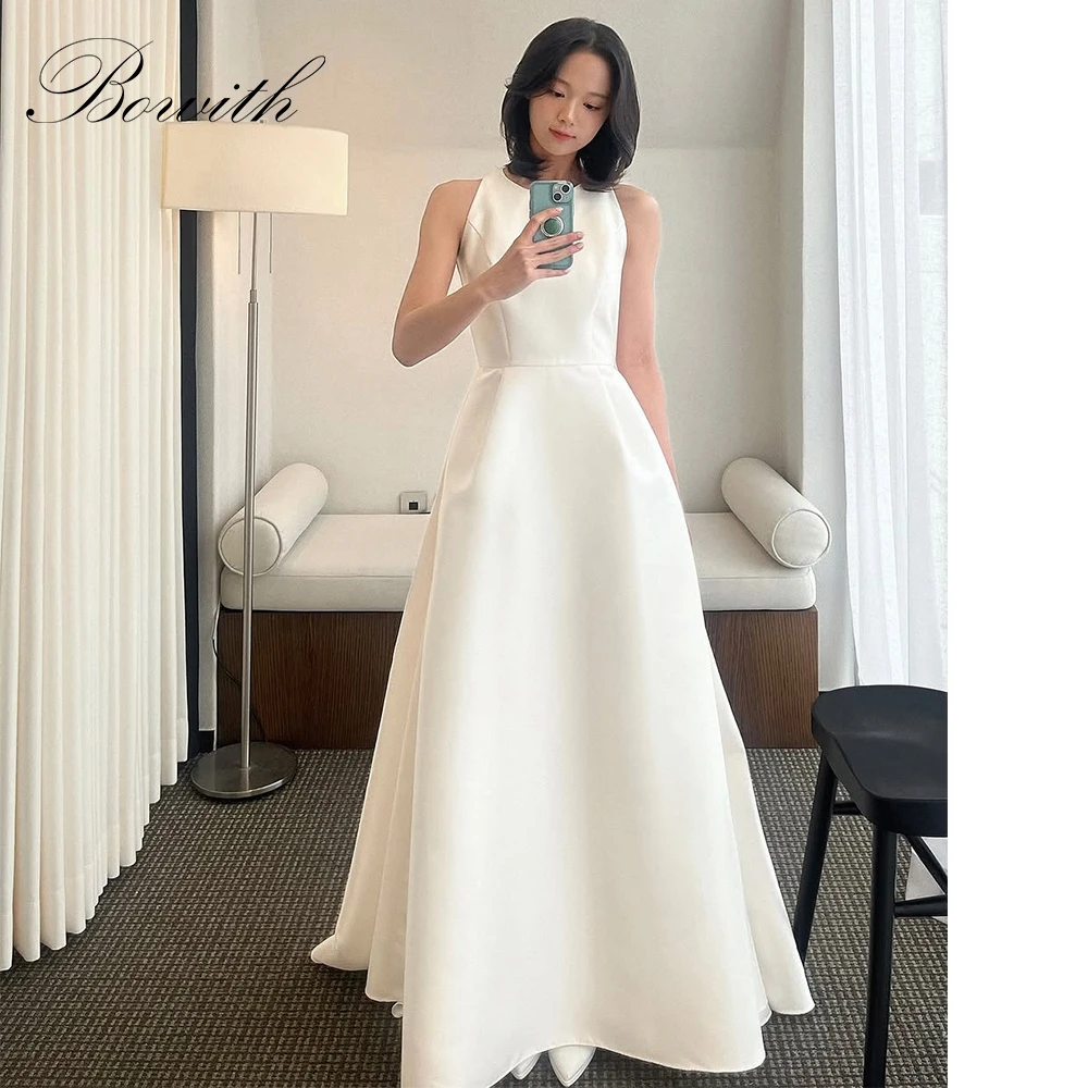 

Bowith Simple Korean Wedding Dresses Satin O-Neck Sleeveless Bridal Gown Customized A-Line Wedding Snap Dresses Reception Dress