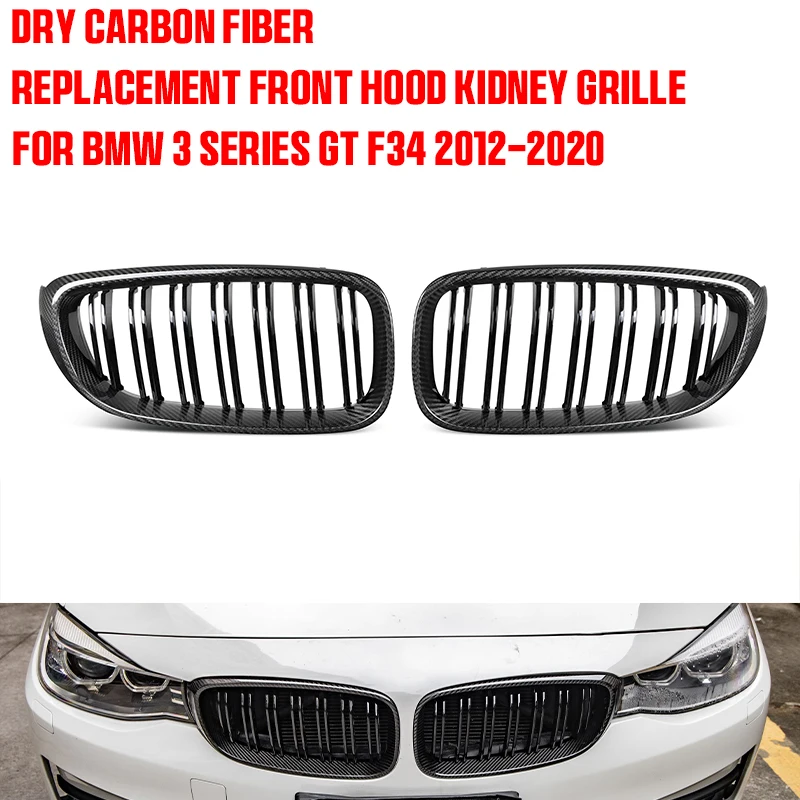 Replacement Front Hood Kidney Grille Dry Carbon Fiber + ABS Dual Line Sport Racing Grill for For BMW 3 Series GT F34 2012-2020