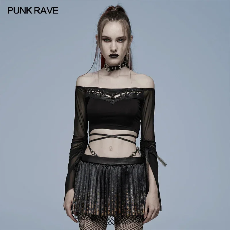 

PUNK RAVE Women's Gothic Cut-out Slash Neck Perspective Mesh T-shirt Detachable Corns Iron Ring Decoration Black Tops Spring