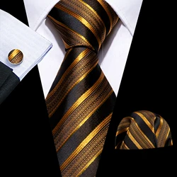 Fashion Gold Striped Men Silk Necktie Jacqaurd Tie Handkerchief Cufflinks Set for Male Wedding Business Party Gift Barry.Wang