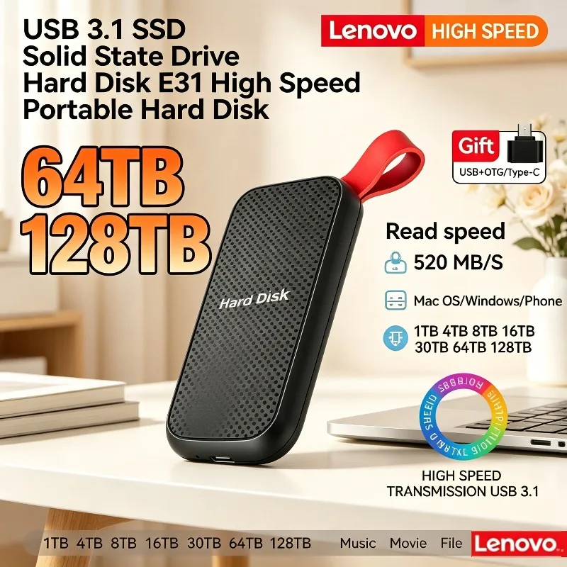 

Внешний SSD-накопитель Lenovo E31 1 ТБ/4 ТБ USB 3.1 для ноутбуков, PS5, телефонов, игровых консолей и резервного хранения данных