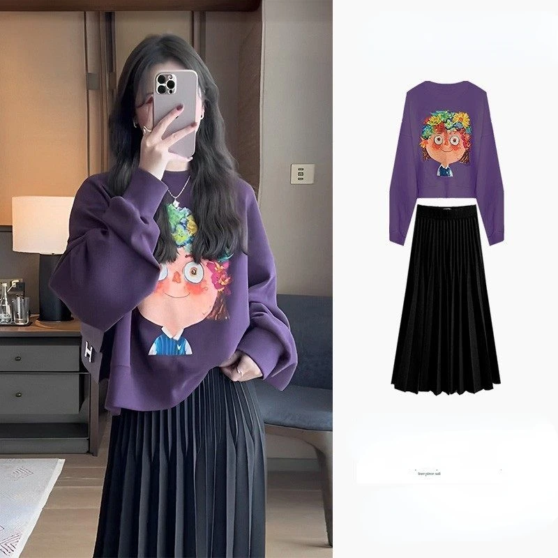 

2023 Purple Cartoon Suit Women Autumn and Winter Korean Small Fragrant Wind Sweater Pleated Skirt Two Piece Suit Female