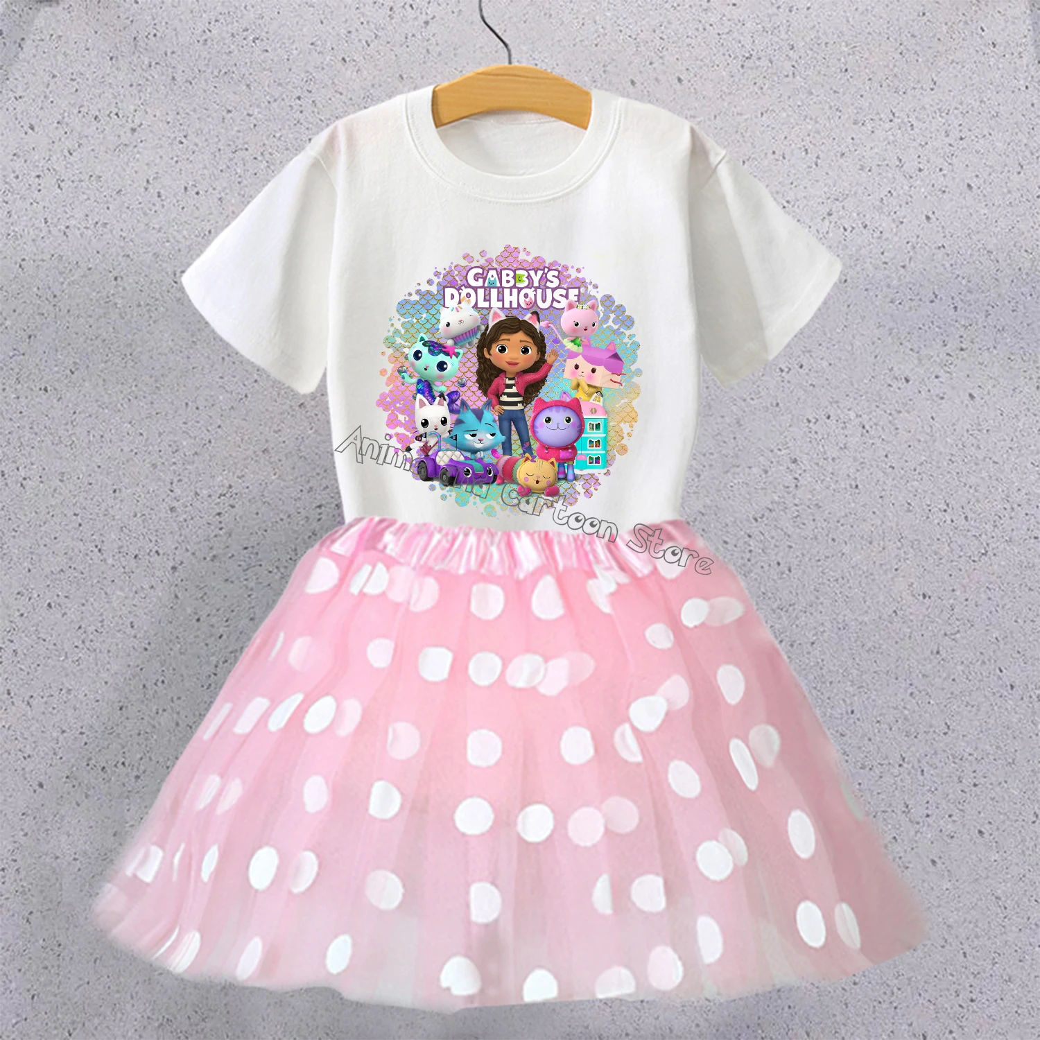 Gabby Dollhouse Girl Skirt Set New Party Clothes Cute Cartoon White T-shirt+dress Suit Fashion Kid Summer Clothing Children Gift