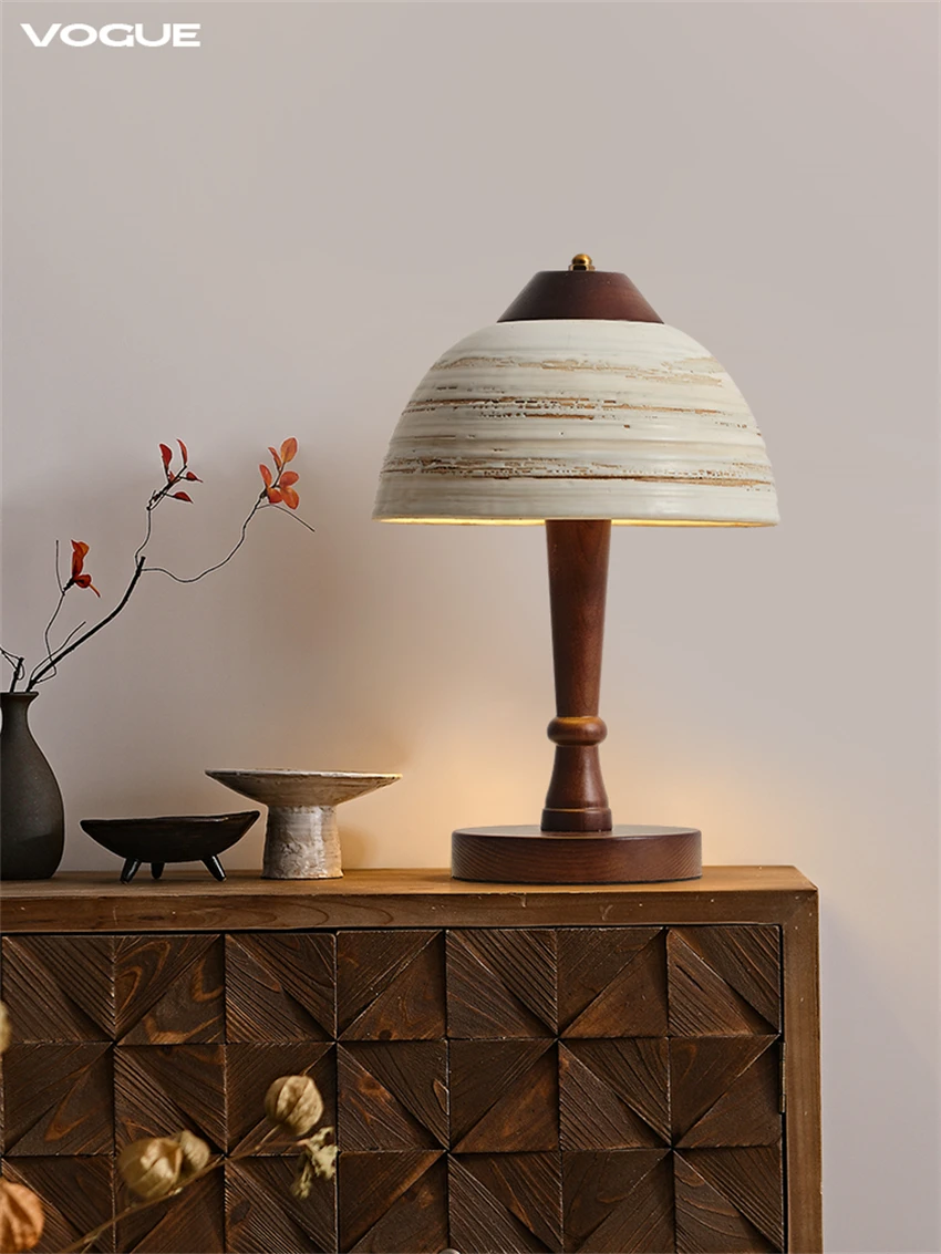 Wood art wabi-sabi style ceramic table lamps living room solid wood vintage homestay lamp Japanese