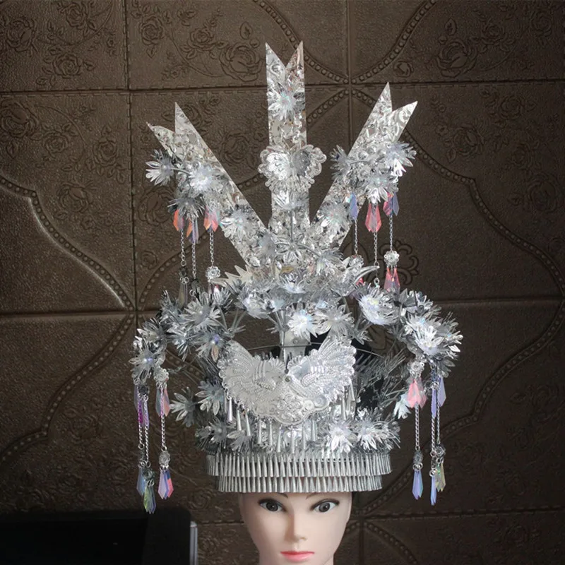 Vintage Miao Silver Hat Tassel Ornaments Princess Queen Cosplay Stage Dancer Headdress Ethnic Minority Photography