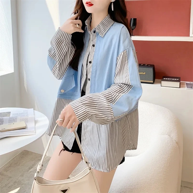 

Design Sense Niche Shirt Jacket Women's Spring Autumn New Versatile Lazy wind Fake Two Unique Button Stripes Long Top Shirt Tide