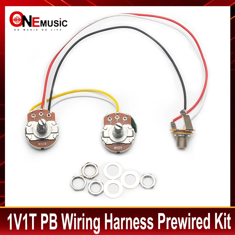 PB Bass Wiring Harness Prewired Kit for Precision Bass Guitar 250K Big Pots 1 Volume 1 Tone Jack