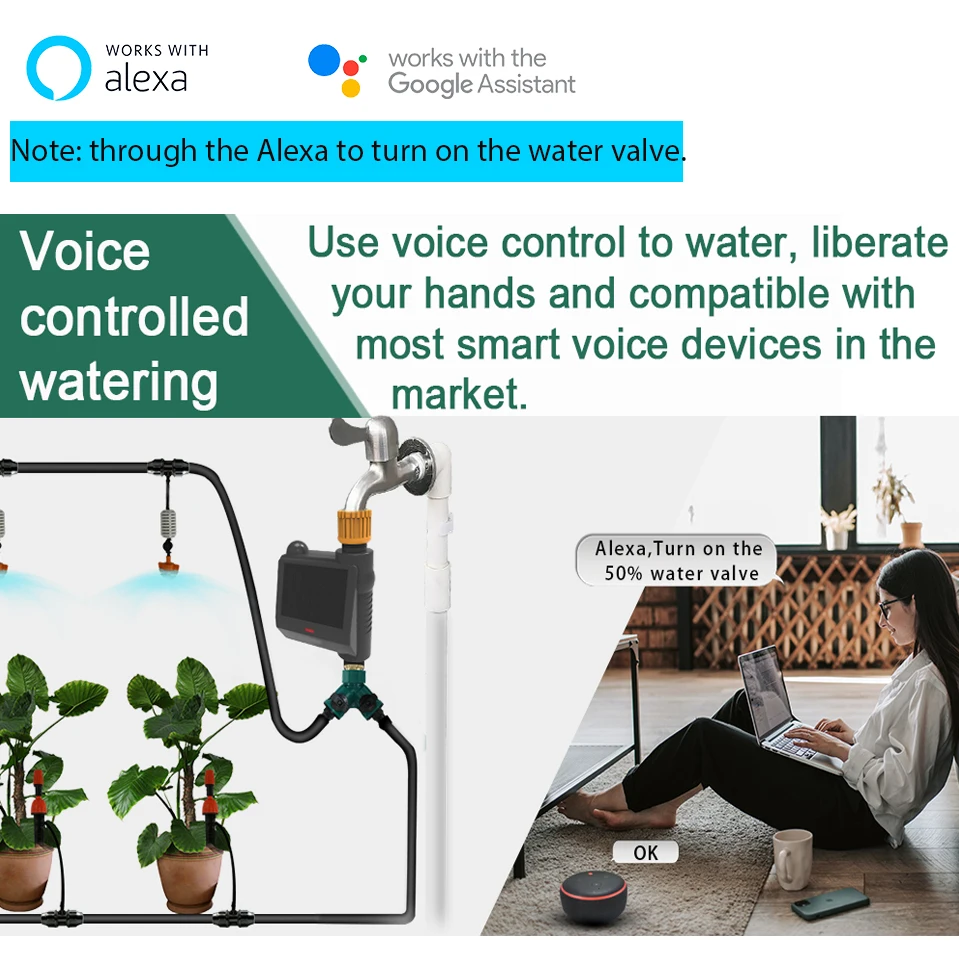 Válvula de agua inteligente Tuya, Control por voz por Google, controlador de apagado, irrigador de jardín, Zigbee, Alexa