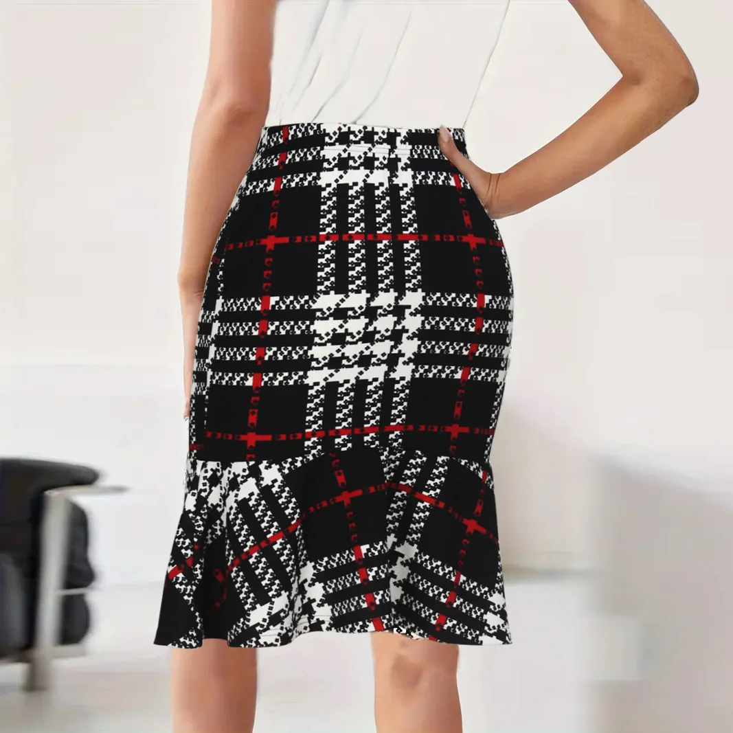 Business-style checkered tassel knitted high-waisted hip-wrapping fishtail midi skirt