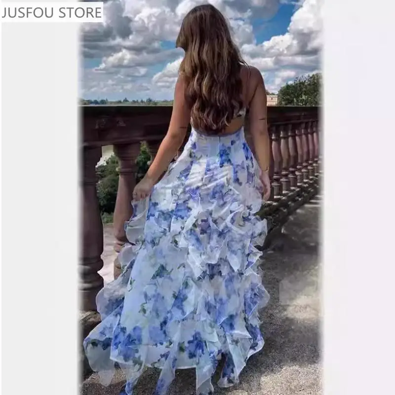 Fragmented Blue Women's Suspended Dress 2025 Summer Sexy V-Neck Sleeveless Slim Fit Long Dress Fashion Open Back Splicing Dress