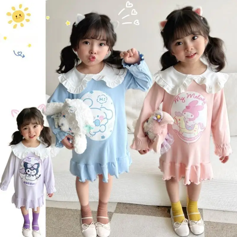 Anime Sanrios Mymelody Girl Cartoon Jurk Pop Kraag Kawaii Kuromi Cinnamoroll Prinsessenjurk Kids Nachthemd Jurk Met Lange Mouwen