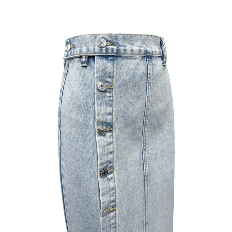 

AG-Womens Casual Slit Denim Midi Jean Skirt Stretch High Waist Frayed Button Up