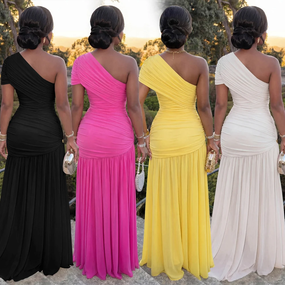 Sommerliches Damen-Abendkleid: Sexy One-Shoulder-Maxikleid mit Raffungen, Mesh-Einsatz, Metallschnalle, hohem Schlitz und plissiertem Saum – Partykleid 2026 – Detail 3