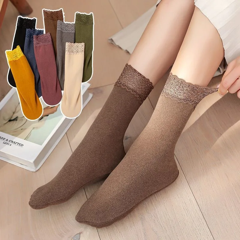 Women's Long Dralon Socks, Winter Fleece Lined Warm Lace Trim Stacked Socks, Silicone Non Slip Floor Socks for Ladies