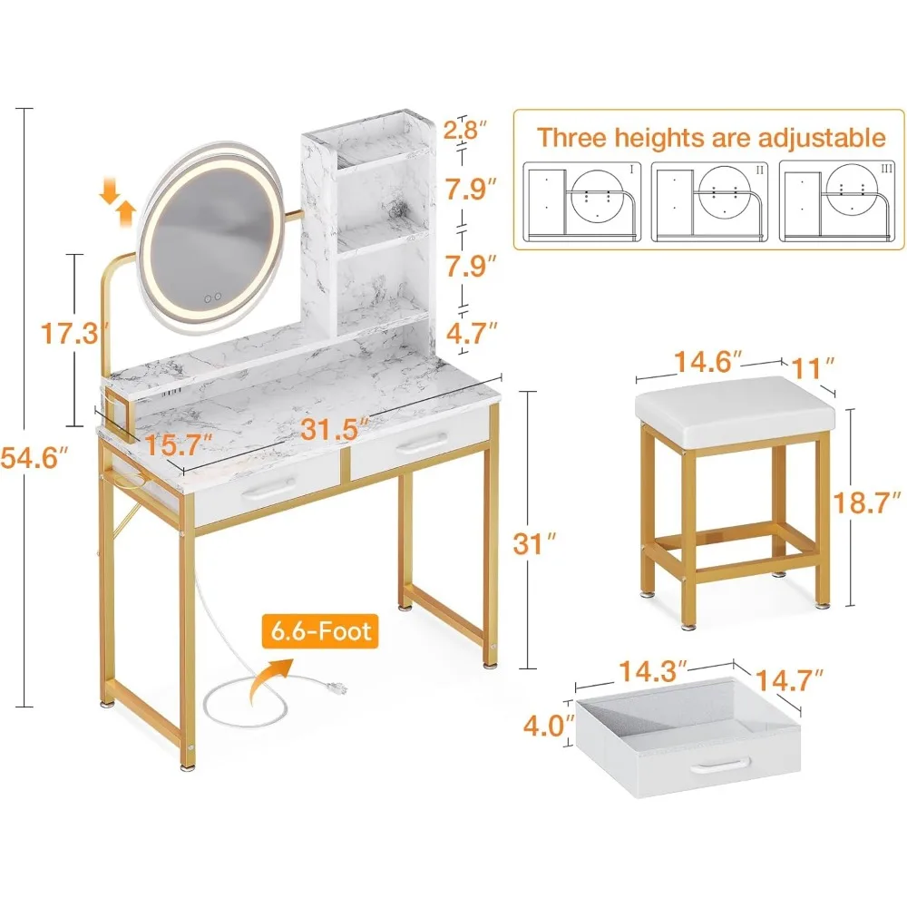 Vanity Desk Mirror and Lights, 32 Inch Makeup Vanity Lights Desk and Chair, Vanity Table 2 Fabric Drawers Makeup Table