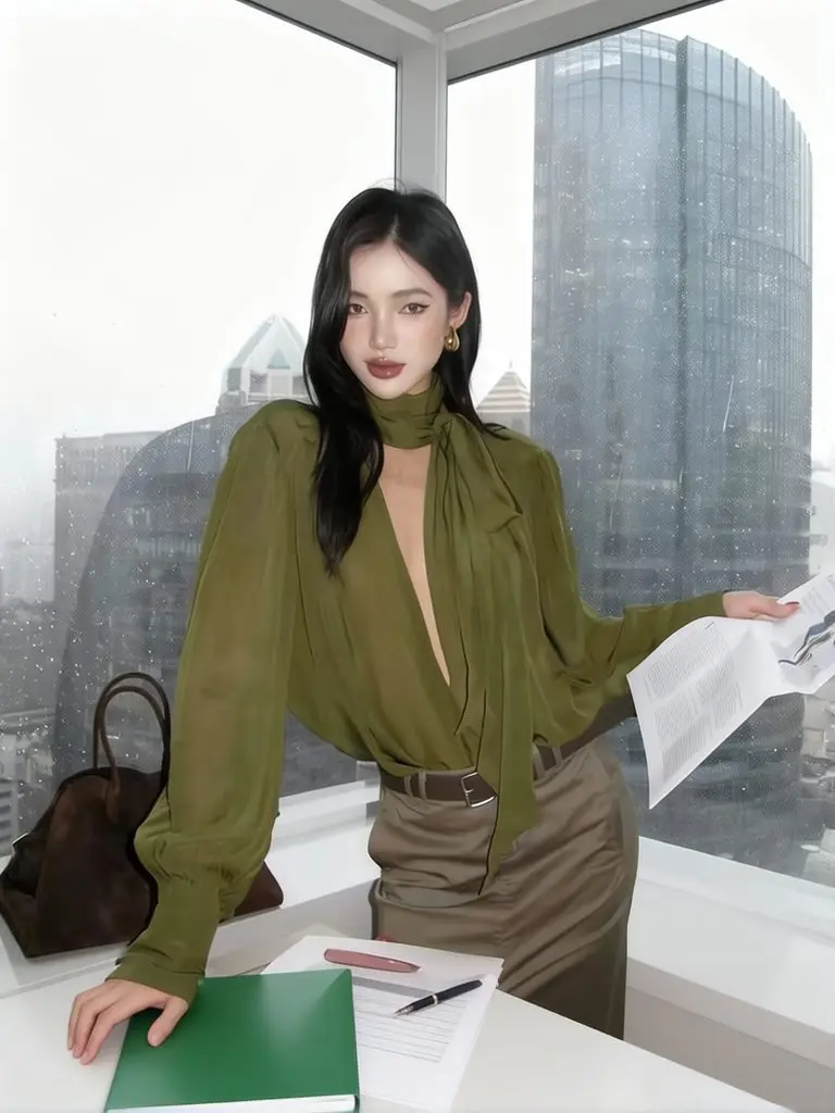Camiseta Oversize Verde con Cuello en V para Mujer, Diseño Holgado de Lujo con Cuello en V Profundo, Camisa de Manga Larga para Otoño, Elegante Camiseta Holgada con Mangas Abullonadas