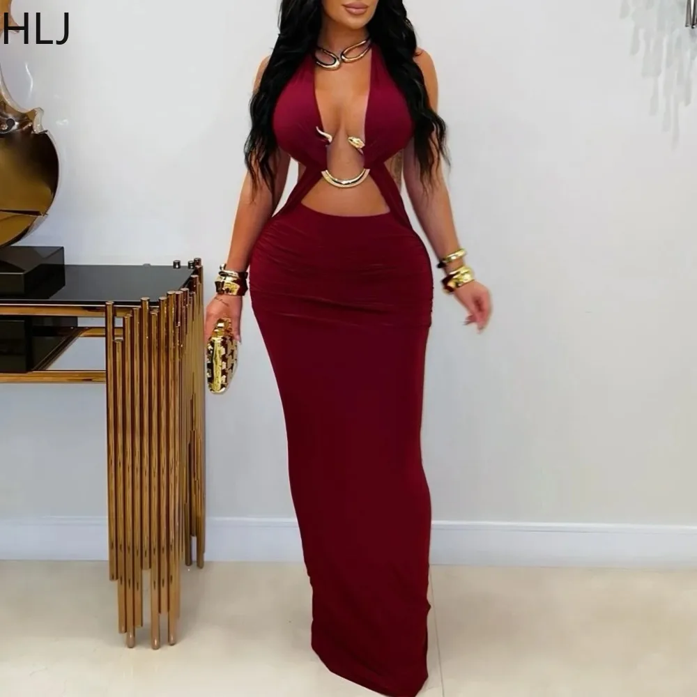 

HLJ Sexy Hollow-out Bodycon Dresses Woman Solid Color Halter Deep V-neck Metal Buckle Dresse Female Streetwear Vestidos 2025