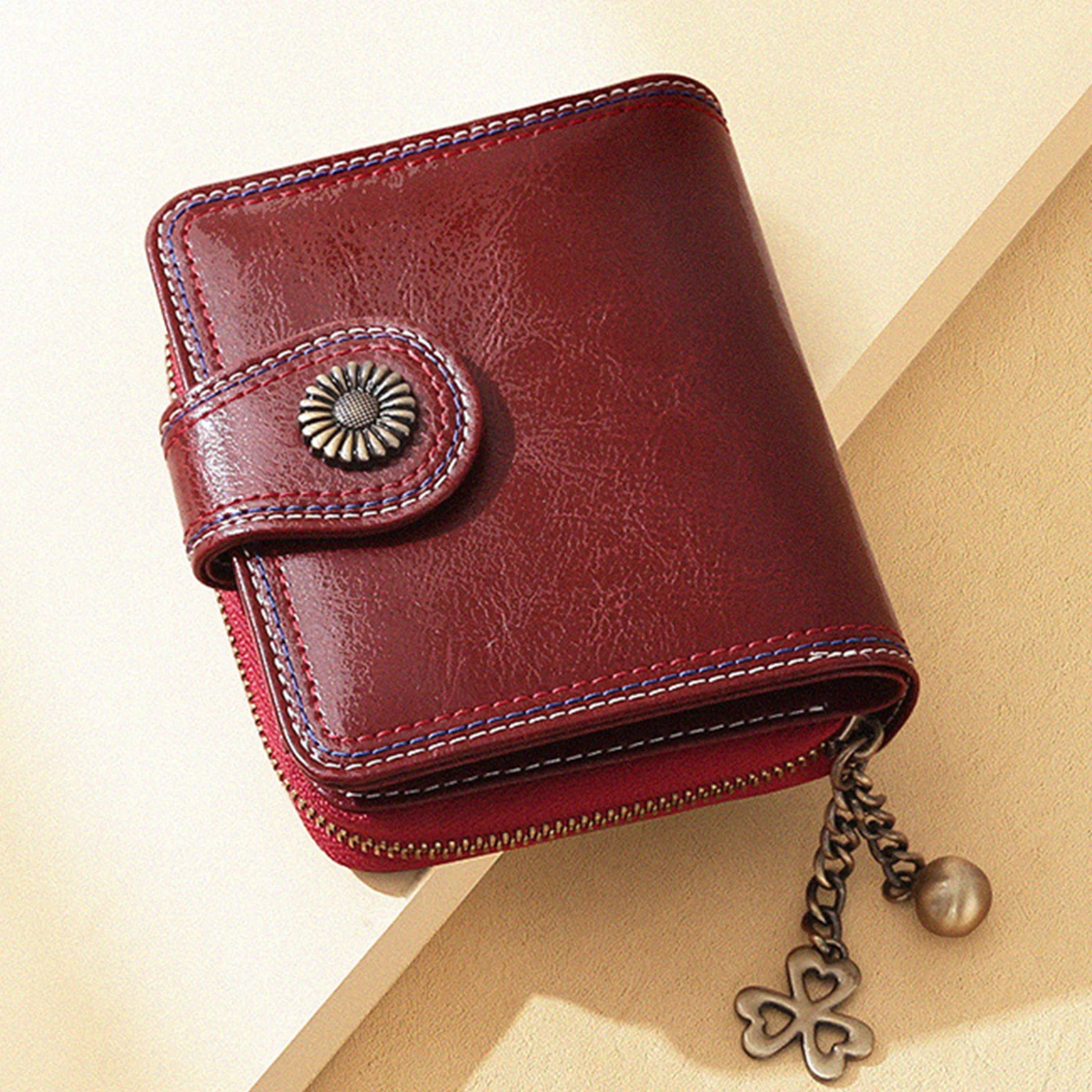 

ITAMOOD Red Wallet with Metal Pendent Card Holder Passport Short Wallet Zipper Around Clutch Purse Vintage Design Purse Woman