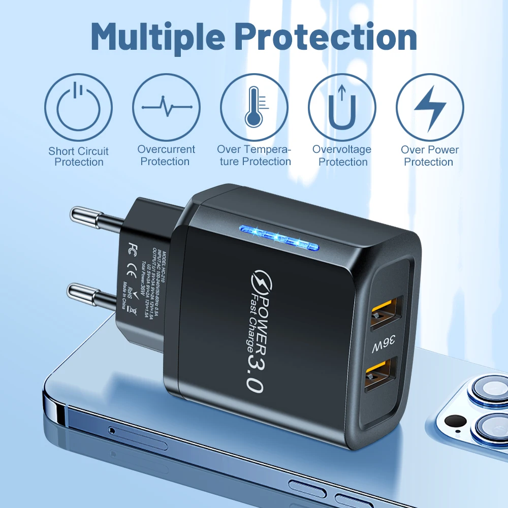 2 منافذ 36 واط USB شاحن الهاتف المحمول سريع 3.0 الجدار محول الشحن السريع آيفون Xiaomi سامسونج هواوي