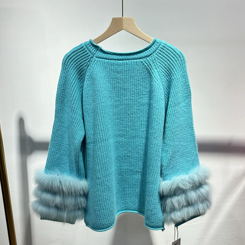 2025 Women Winter Thick Blue Natural Fox Fur Girl Autumn Classic Colorful Sweater Knitted Coat