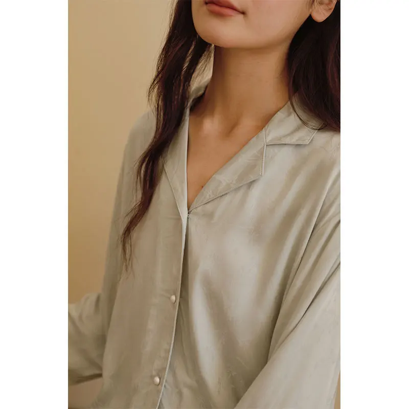 2025 Women's Satin Solid Color Jacquard Lapel Pajama Set Spring Long Sleeve Trousers Beautiful Loungewear Loose Home Clothes