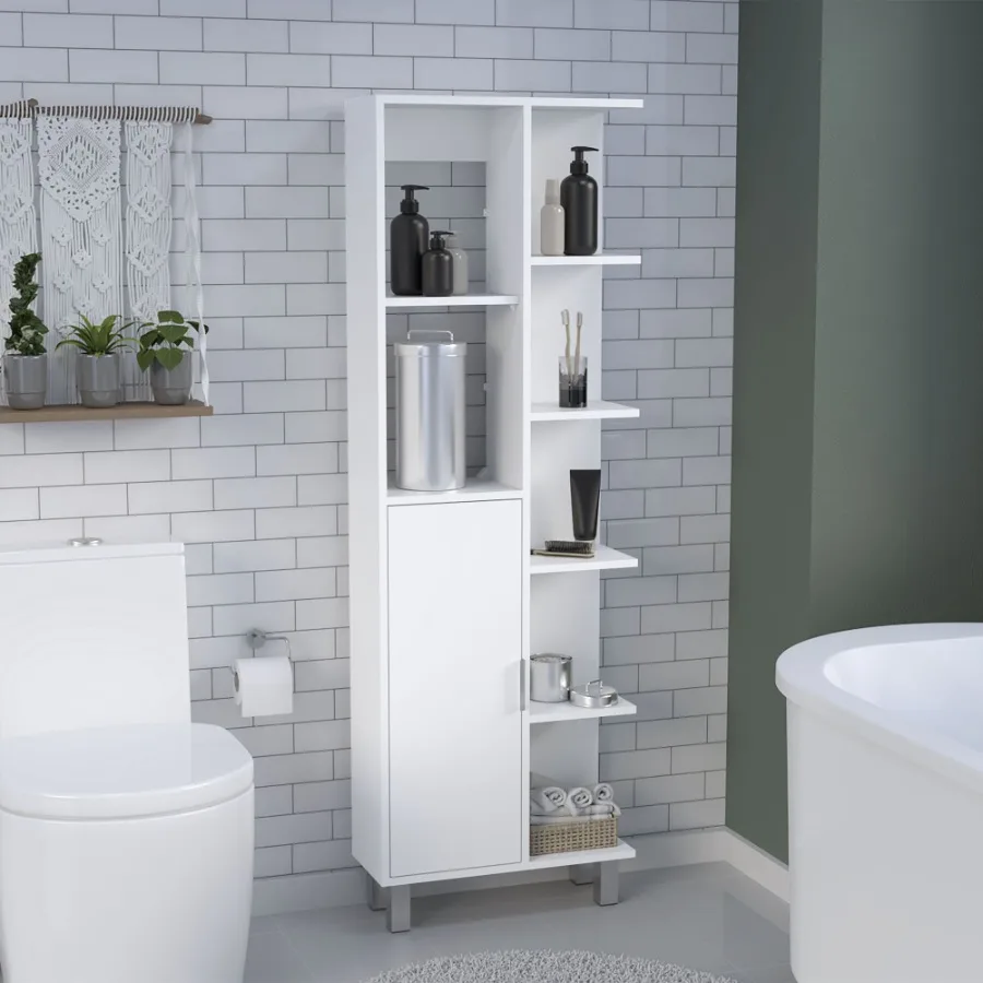 

Mott 63 H Linen Bathroom Cabinet with Seven Open Shelves One Drawer and four legs White