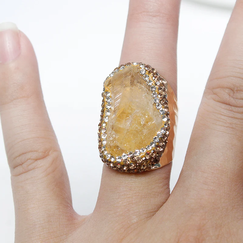 Micro Inlay Citrine Open Ring for Women Irregular Natural Raw Stone Finger Jewelry Adjustable