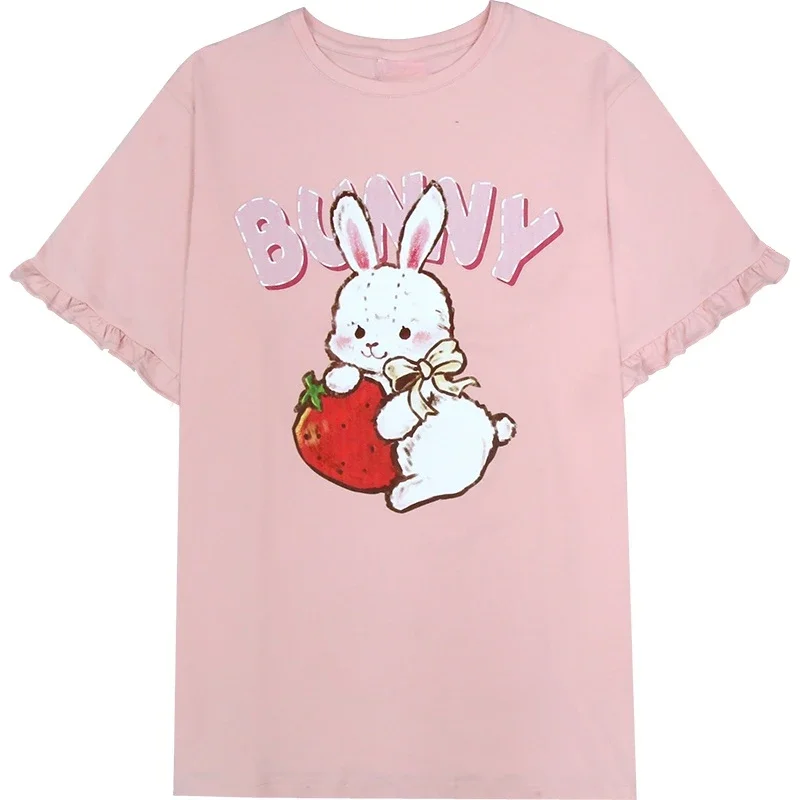 Y2k 2023 Summer Short Sleeve Harajuku O-Neck T-Shirt Pink Kawaii Cherry Print Lace Girls Tops Tee Cute Tshirts Oversized Women