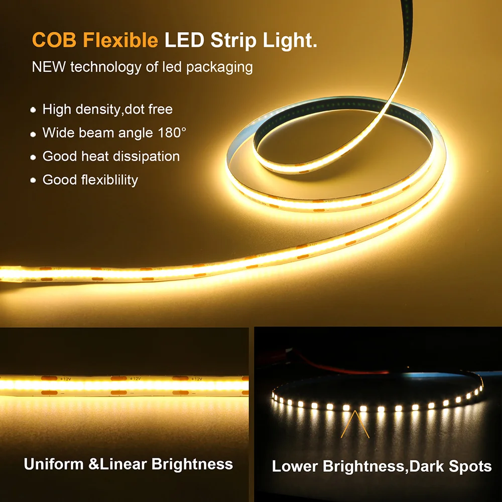 DC 5V 12V 24V COB LED Strip Light High Density Linear Lighting 320 LEDs Flexible Tape Lamp 8mm PCB 0.5m 1m 2m 5m Home Decoration