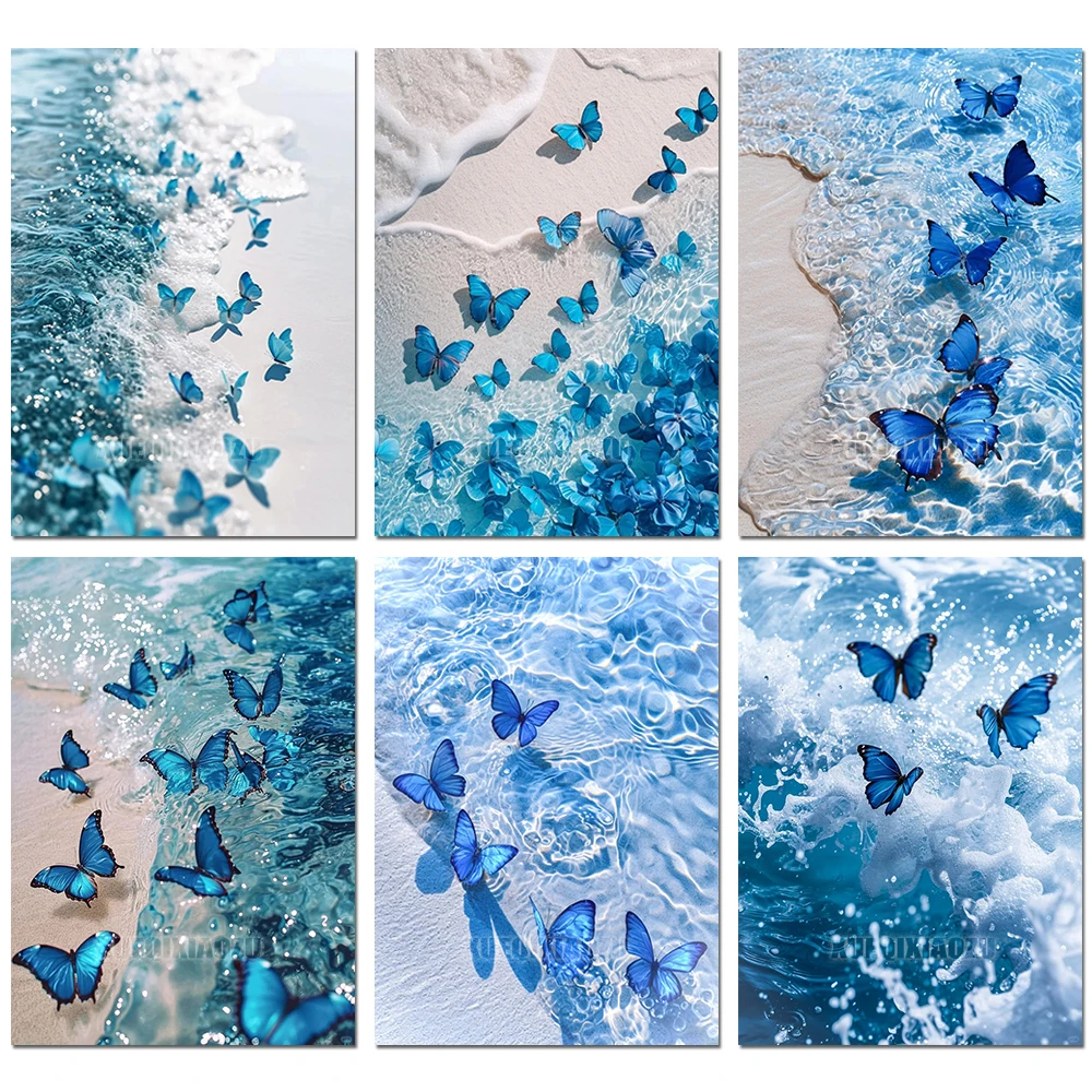 5D DIY Landscape Diamond Mosaic Embroidery Kit Seaside Blue Butterfly Diamond Painting Rhinestone Inlaid Home Decoration Art