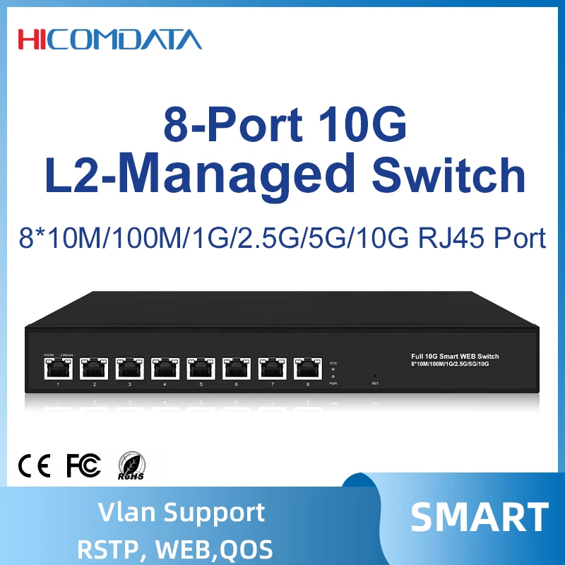 HICOMDATA L2- 8 Ports 10g Switch Ethernet 10gb Internet Desktop Network Managed Switch For Cameras