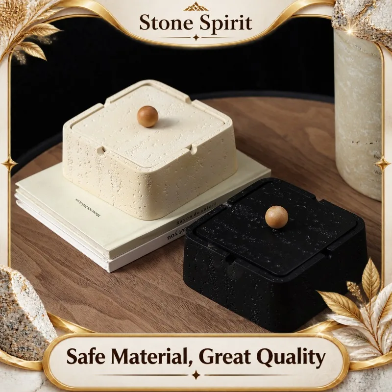 【Premium】AhunderJiaz Wabi-Sabi Stone Ashtray with Lid Modern Minimalist Ash Proof Home Office Desktop Creative Zen Hone Decor