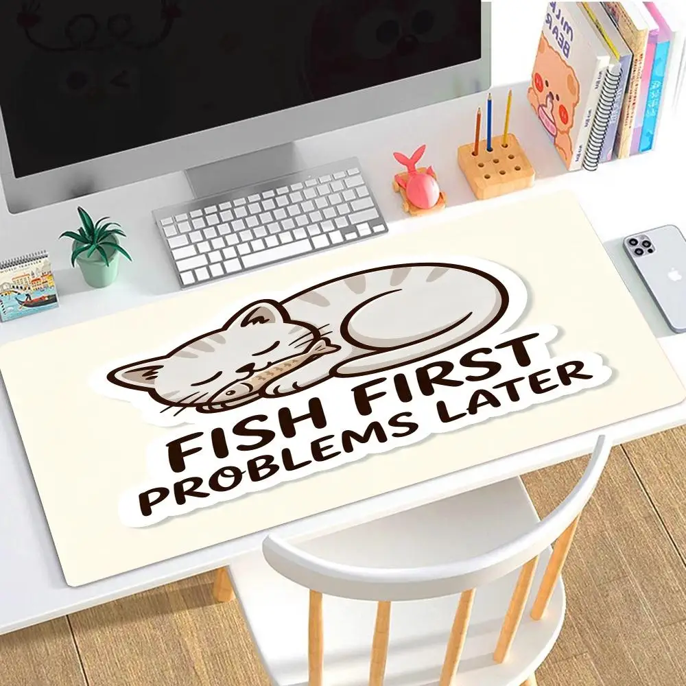 Esports Mouse Pad Kawaii Sleep Cat Funny Slogan Cartoon Sticker Design Game Desk Mat Natural Rubber Non‑Slip Large Size