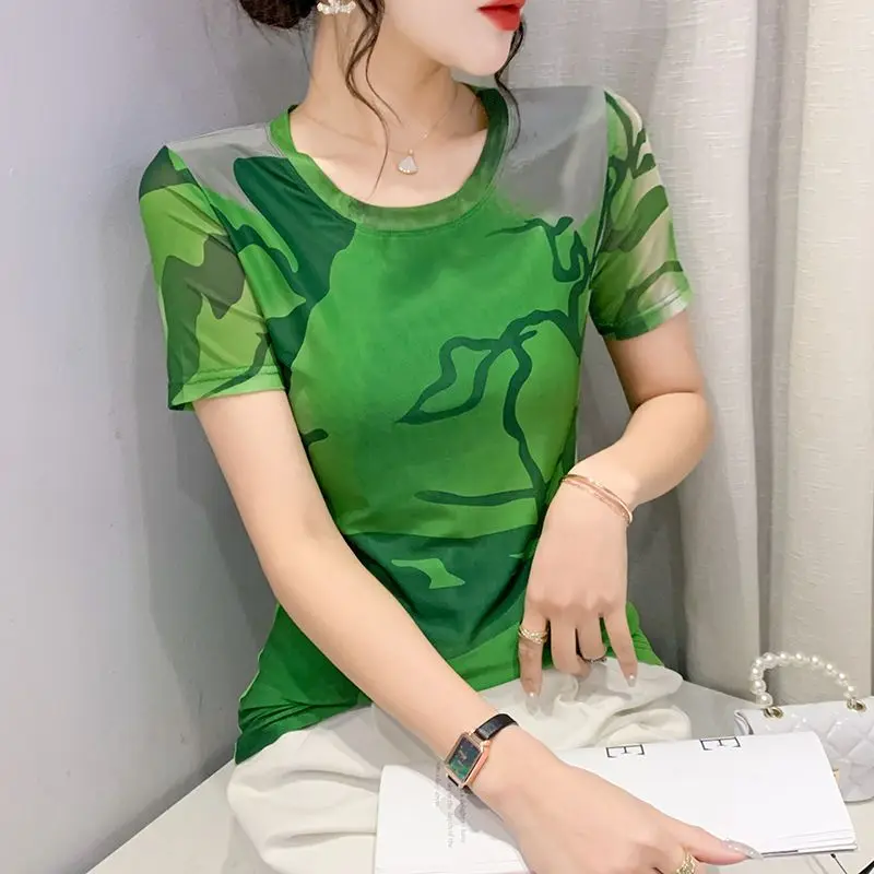 Women's Clothing Summer New Fashion Commuter Geometric Printed Tie Dye Round Neck Short Sleeve Slim All-match Chic T-shirts Tops image 3