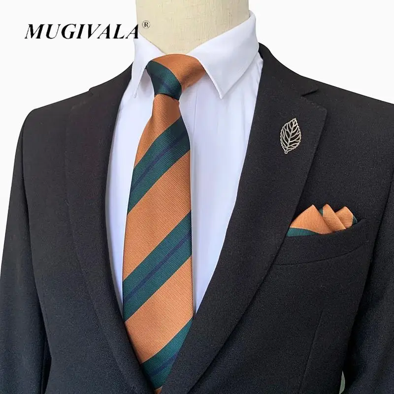 MUGIVALA 8cm striped tie for men pocket square Formal Wear Men's Tie, Pocket, Suit Business Party Wedding Necktie Set For Men